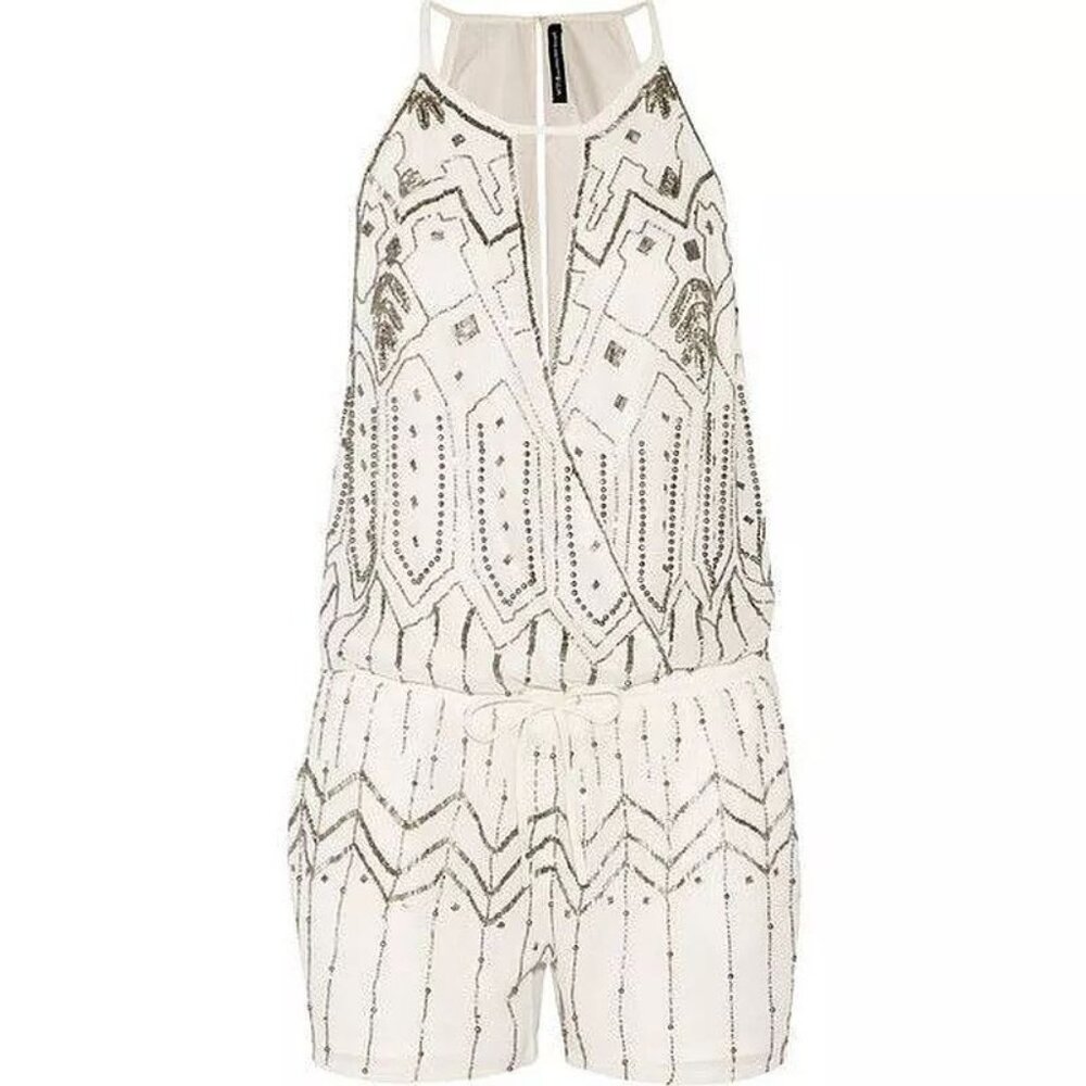 W118 WALTER BAKER White Bead Embroidered Embellished Open Back Romper Playsuit 6